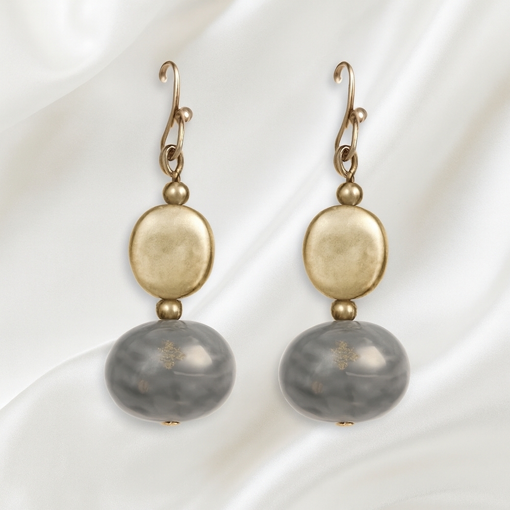 Elegant Gray Marble Bead Earrings – Gold-Tone Oval & Dangle Accent Jewelry, 1.5"